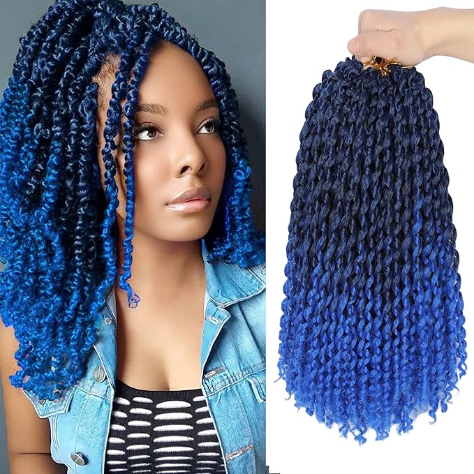 Ubeleco Short Passion Twist Hair,10 Inch Water Wave Crochet Hair Passion Twist Crochet Hair 22 Strands/Pack Ombre Blue Bohemian Synthetic Curly Braiding Hair Extensions (10 Inch (Pack of 7),1B/Blue)
