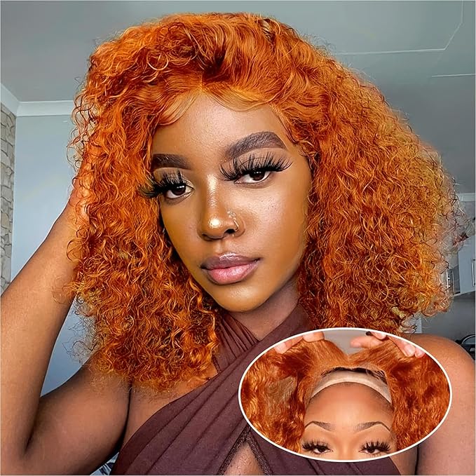 Curly Bob Wig Human Hair Deep Wave 200% Density 5x5 HD Lace Closure Wigs Human Hair Bob Wigs For Black Women Wear And Go Glueless Curly Wig Ginger Color 12 Inch