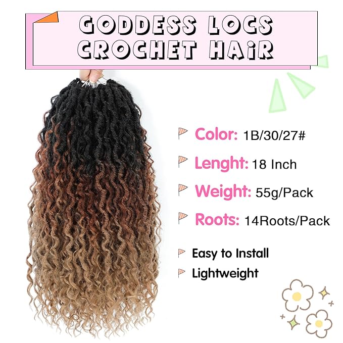 Fulcrum Goddess Locs Crochet Hair 18 Inch, 8 Packs New Faux Locs Crochet Hair for Black Women, Crochet locs with Curly Ends (18Inch (Pack of 8), 1B/30/27#)