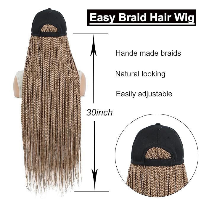 Braided Baseball Cap Wig Box Braid Hair Extensions with Hat golden brown Cap Wig with 30inch Long Synthetic Braiding Hair for Women (30in-27)