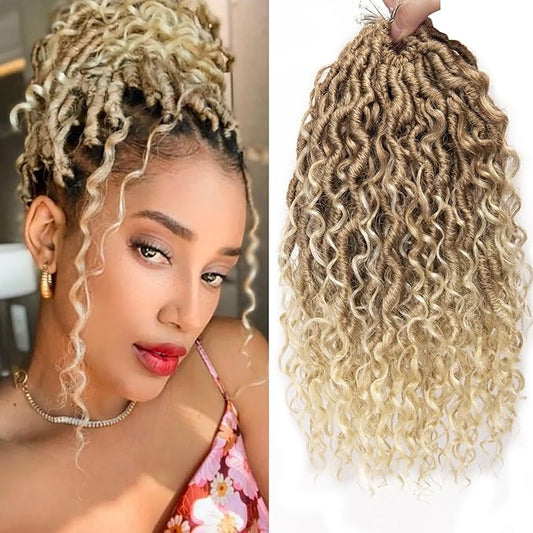 Goddess Locs Crochet Hair 12Inch Curly Faux Locs 8Packs Pre-looped Boho River Hippie Locs Bohemian Locs Crochet Hair for Black Women(27/613, 12inch(Pack of 8))