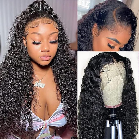 Lace Frontal Wigs Human Hair Water Wave Wig HD Transparent Lace Front Wigs Human Hair Wet and Wavy Virgin Hair Wigs Pre Plucked Hairline with Baby Hair Deep Wave Human Hair Wigs for Women 20