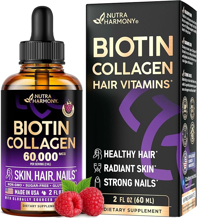 Liquid Biotin & Collagen 60,000 mcg - Vitamins for Hair Growth Support - Extra Strength Drops for Women & Men - Liquid Collagen Supplement - Strong Nails & Healthy Skin - Made in USA - 2 Fl Oz