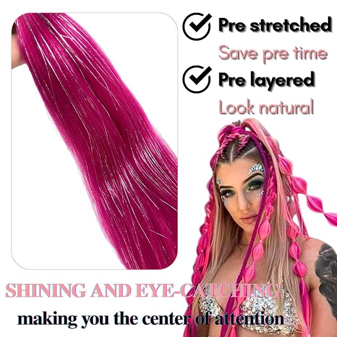 Tinsel Braiding Hair Pre stretched Meganta Pink Braiding Hair for Glitter Braids Festival Braids Cosplay