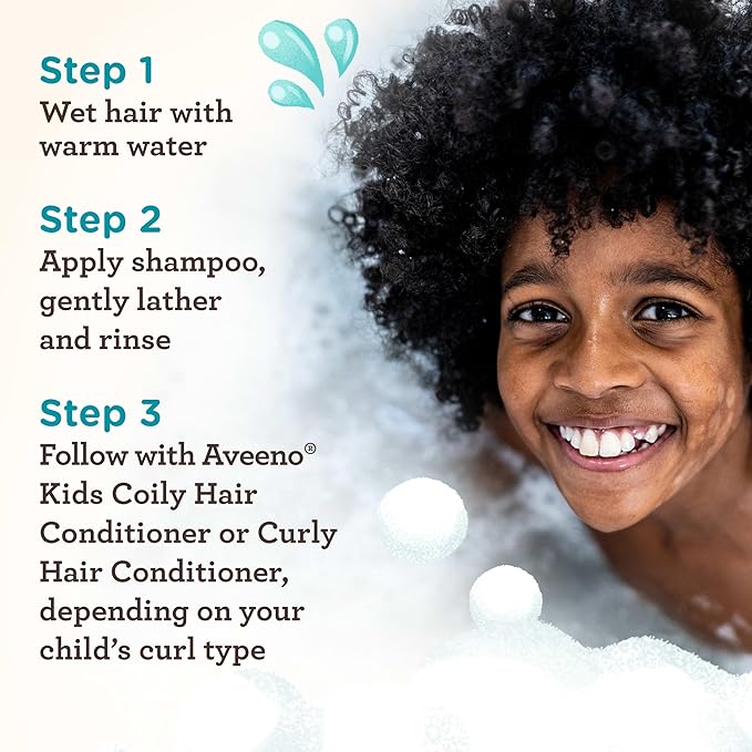 Aveeno Kids Curly & Coily Hair Shampoo, Hydrating Shampoo for Type 3 & 4 Hair, Kids Curly Hair Products suitable for Sensitive Scalps with Oat Extract & Shea Butter, Paraben-Free, 12 fl. oz