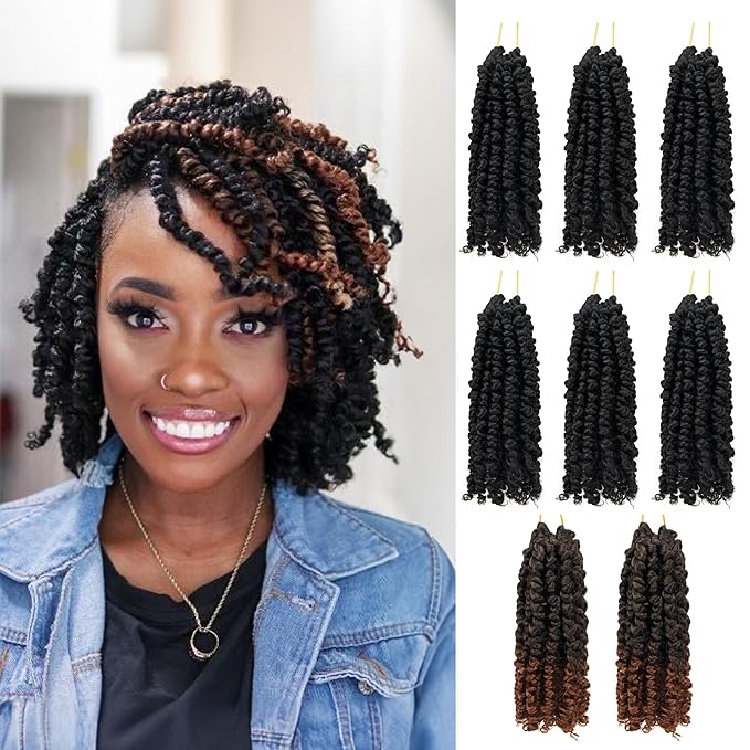6 Inch 8 Packs Mixed Colors Combo Pack,Pre Looped Pretwisted Passion Twist Crochet Hair For Women-Super Short Crochet Hair Extensions Braided by Synthetic Spring Kinky Twist Bohemian Curls(1B+T30)