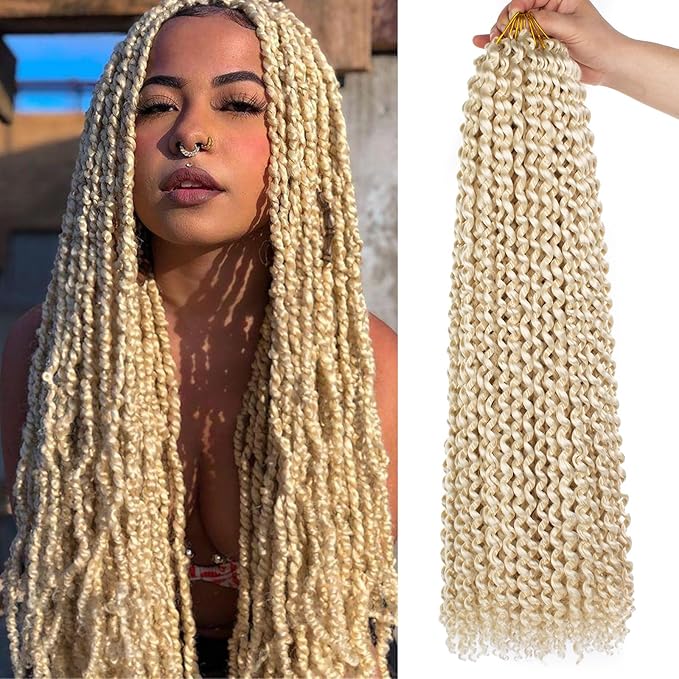 Leeven 24 Inch Long Water Wave Crochet Hair for Passion Twist 7 Packs Blonde Curly Bohemian Passion Twists Hair for Butterfly Locs Braiding Hair for Women 613#