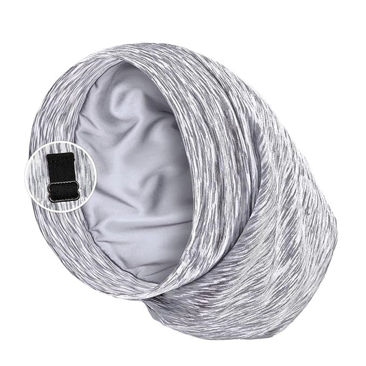 Satin Lined Sleep Cap Bonnet for Curly Hair and Braids, Stay On All Night Hair Wrap with Adjustable Strap for Women and Men, Light Grey and White, Pack of 1