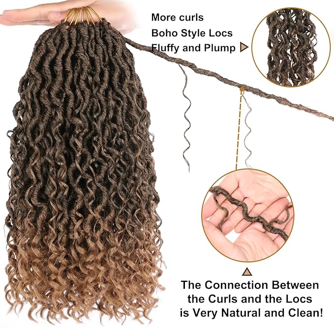 COOKOO 14 Inch Ombre Blonde Curly Crochet Goddess Locs Braids Hair 8 PCS Boho Faux Locs Crochet Hair 14 Strands/Pack Pre-curled Hippie Locs Hair River Locs Synthetic Crochet Braids Hair T27#