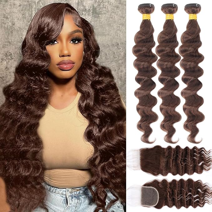 Brown Bundles with Closure Human Hair Loose Wave Human Hair Bundles with Closure (20 22 24+18）12A Brazilian Virgin Hair Light Brown Loose Deep Wave 3 Bundles with 4x4 Closure 4# Color