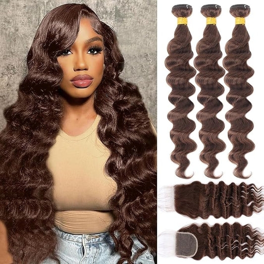 Brown Bundles with Closure Human Hair Loose Wave Human Hair Bundles with Closure (20 22 24+18）12A Brazilian Virgin Hair Light Brown Loose Deep Wave 3 Bundles with 4x4 Closure 4# Color