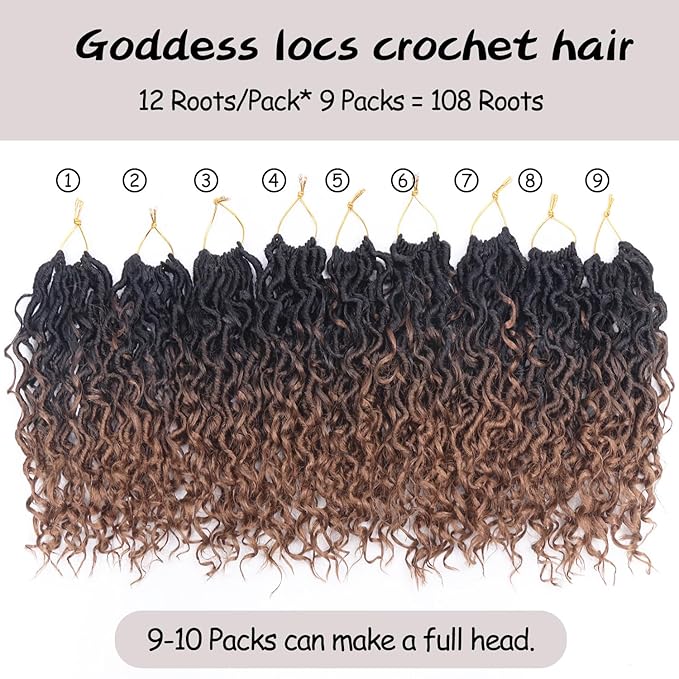 Goddess Locs Crochet Hair 10 Inch 9 Packs Synthetic Faux Locs Crochet Hair for Black Women, River Locs Hair Extensions Style Pre looped Crochet with Curly Ends