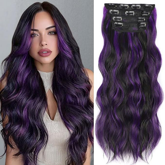 ALXNAN Clip in Long Wavy Synthetic Hair Extension 20 Inch Black Mix Purple Highlights 4PCS Thick Hairpieces Fiber Double Weft Hair for Women