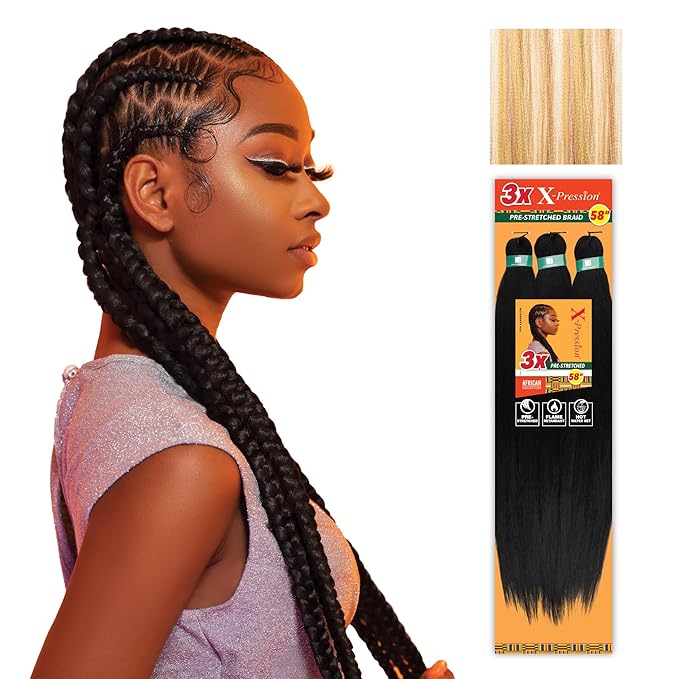 Sensationnel X-pression prestretched braiding hair - 3x braid 58 inch all kanekalon flame retardant synthetic braid for box braids and twists (1 pack, M27/30/613)