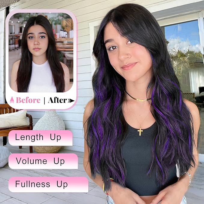 ALXNAN Clip in Long Wavy Synthetic Hair Extension 20 Inch Black Mix Purple Highlights 4PCS Thick Hairpieces Fiber Double Weft Hair for Women