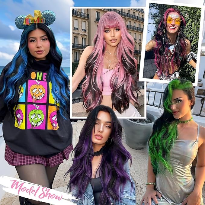 ALXNAN Clip in Long Wavy Synthetic Hair Extension 20 Inch Black Mix Purple Highlights 4PCS Thick Hairpieces Fiber Double Weft Hair for Women