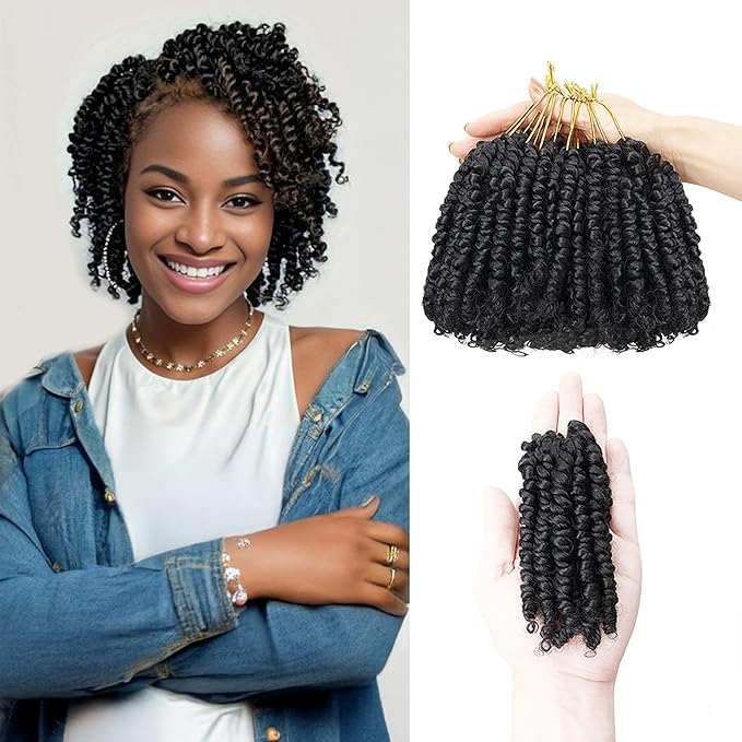 4 Inch 7 Packs Super Short Passion Twist Crochet Hair for Black Women and Kids-Natural Black Pre Looped Pretwisted Soft Hair Extensions,Braided by Synthetic Spring Kinky Twist Bohemian Curl(4"-7P,1B#)