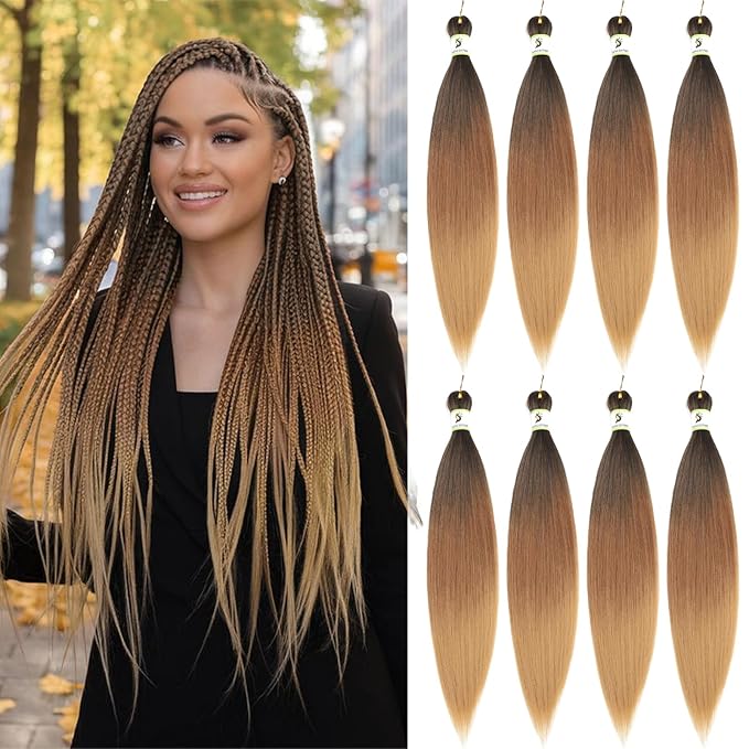 Ombre Braiding Hair Pre Stretched 24inch 8packs, Blonde Brown Pre Stretched Braiding Hair Professional Crochet Braids for Women T1 30 27