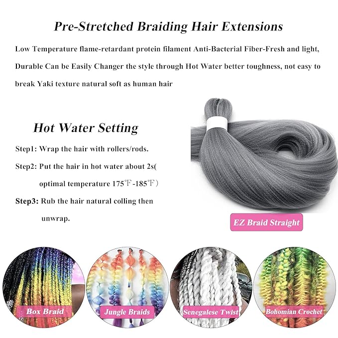 Grey Braiding Hair Pre Stretched 30 inch Kanekalo Gray Braiding Hair Extensions for Braiding Box Braids Jumbo Synthetic Long Micro Yaki Kids Knotless Pre Stretched Braiding Hair 3 pack