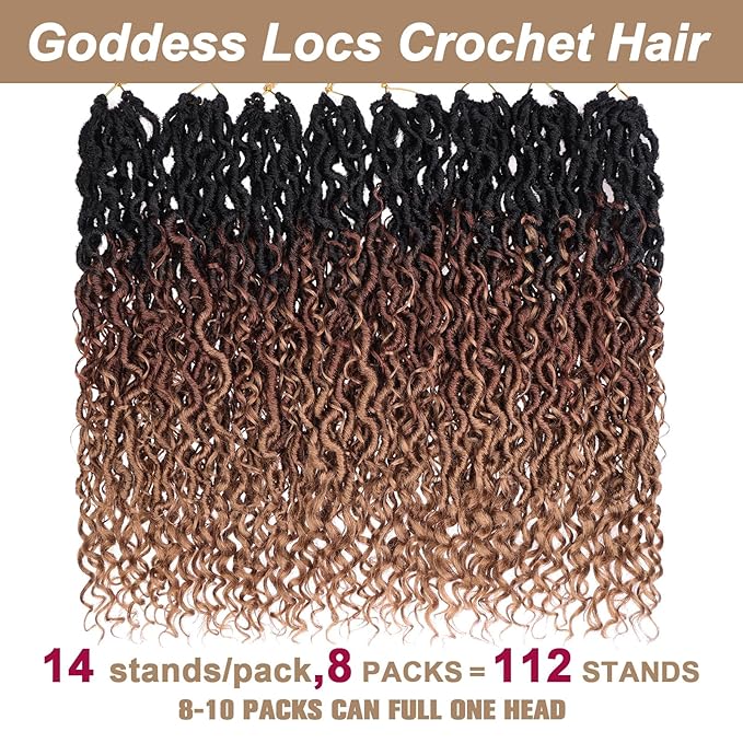 COOKOO 18 Inch New Goddess Locs Crochet Hair 8 Packs Ombre 3 Tones Wavy Faux Locs Synthetic Hair with Curls Pre Looped Curly Crochet Locs for Black Women Boho Hippie Locs Hair Extensions 1B/30/27#
