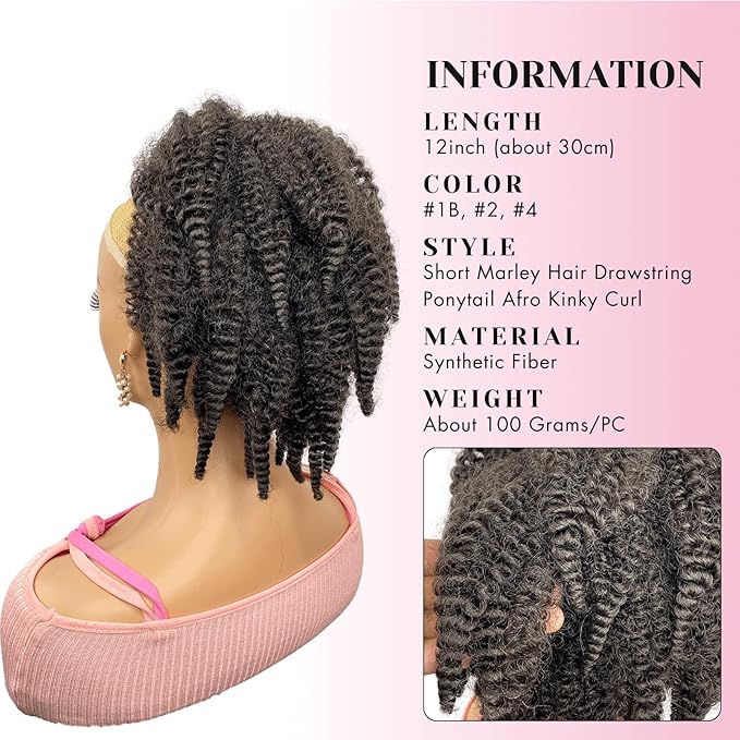 Short Marley Hair Drawstring Ponytail | 12" Afro Kinky Curl Clip-in Ponytail Extension for Black Women – Natural 4C Texture, Costume & Everyday Style (#4-Dark Brown)