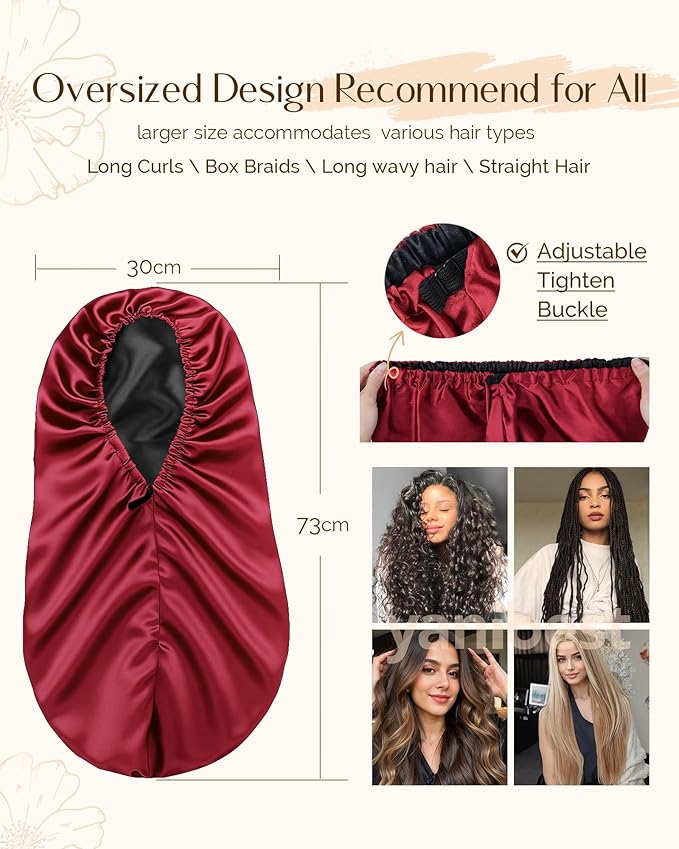 YANIBEST Long Bonnet Braid Bonnet for Sleeping Adjustable Satin Silk Bonnet for Braids Sleep Bonnet for Women Locs Wine Red