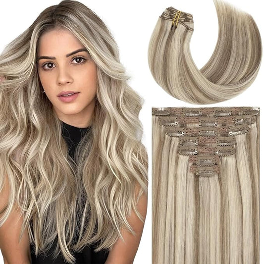 Caliee Hair Extensions Clip in Real Human Hair P18/613 Ash Blonde Highlighted Bleach Blonde Clip in Hair Extensions Double Weft Lace 7 PCS Straight 14 Inch Long Straight