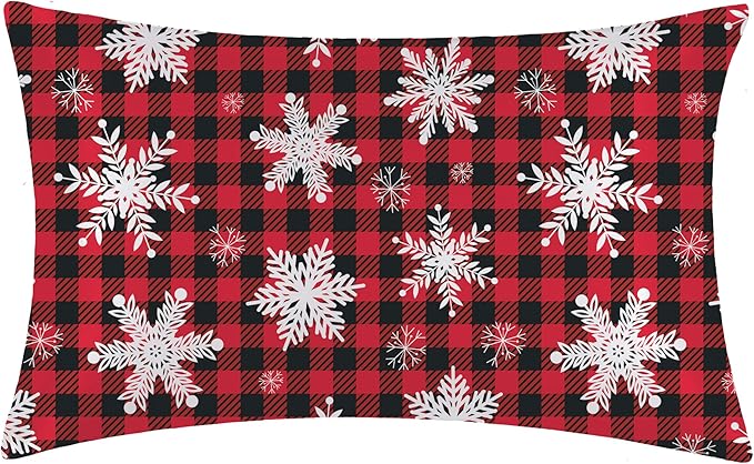 1 Pack Christmas Snowflakes Satin Pillowcase Red Christmas Plaid Similar to Silk Pillow Cases for Hair and Skin, Soft Smooth Breathable Cool Pillow Cases, with Hidden Zipper King Size 20" x 36"