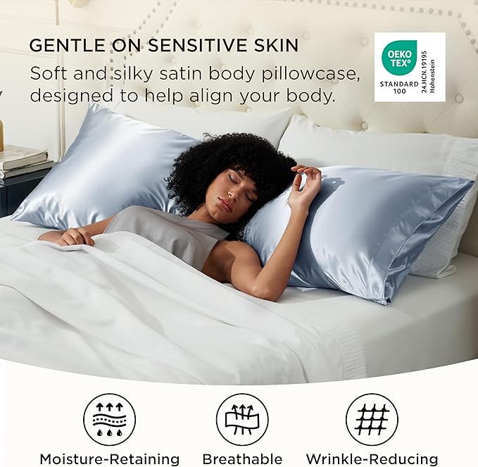 Bedsure Body Pillow Cover 20x54 Inches - Stone Blue Satin Similar to Silk Pillowcase for Hair and Skin, Cooling and Silky Long Body Pillow Pillowcase with Envelope Closure, Gifts for Women Men