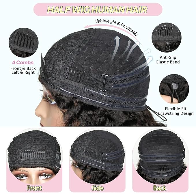 VIPbeauty Burmese Curly Half Wig Human Hair 200 Density 3 In 1 Seamless Flip Over Glueless Wear and Go Beginner Friendly Burmese Curly Wig Human Hair Drawstring Headband 30Inch