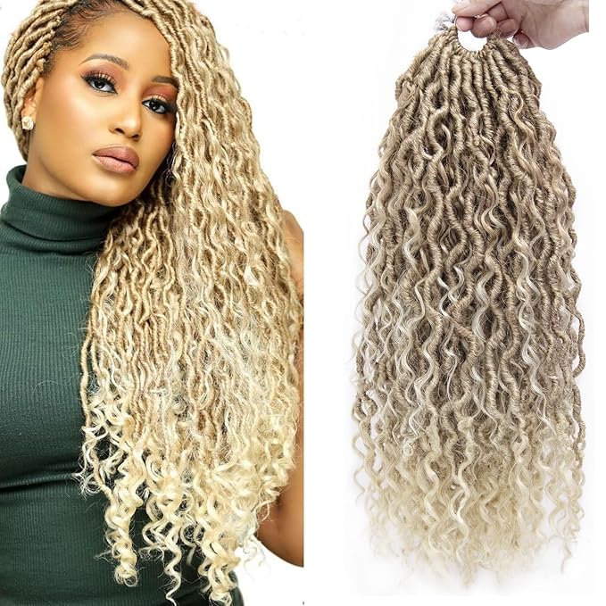 Goddess Locs Crochet Hair 18Inch 8Packs Crochet Locs,Boho Faux Locs With Curly Ends River Hippie Locs Bohemian Locs Crochet Braids(27/613, 18inch(Pack of 8))