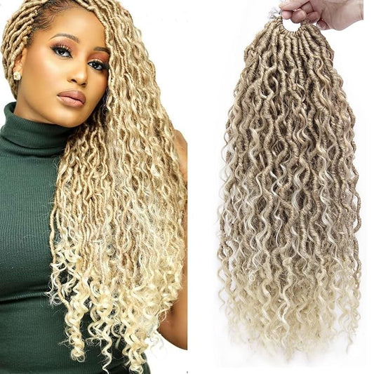 Goddess Locs Crochet Hair 18Inch 8Packs Crochet Locs,Boho Faux Locs With Curly Ends River Hippie Locs Bohemian Locs Crochet Braids(27/613, 18inch(Pack of 8))