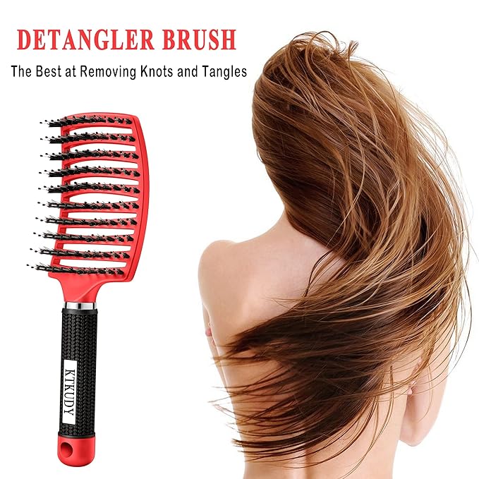 KTKUDY Detangling Brush Boar Bristles Hair Brush Make Hair Shiny & Healthier Curved and Vented Detangler Brush for Women Men Kids Wet and Dry Hair (Red)