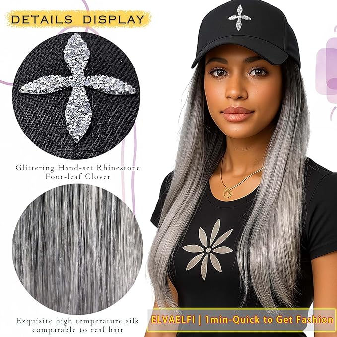 Hat with Hair 22-Inch Ombre Gray Long Straight Wig, Silver Grey Wig for Women, Straight Hair Extensions