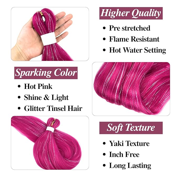Tinsel Braiding Hair Pre stretched Meganta Pink Braiding Hair for Glitter Braids Festival Braids Cosplay