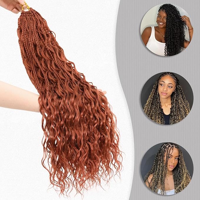 Reddish Brown Goddess Box Braids Crochet Hair 24 Inch 7 Packs Boho Crochet Braids Pre Looped Bohemian Gypsy Braids Crochet Hair for Women Braiding Hair Extensions