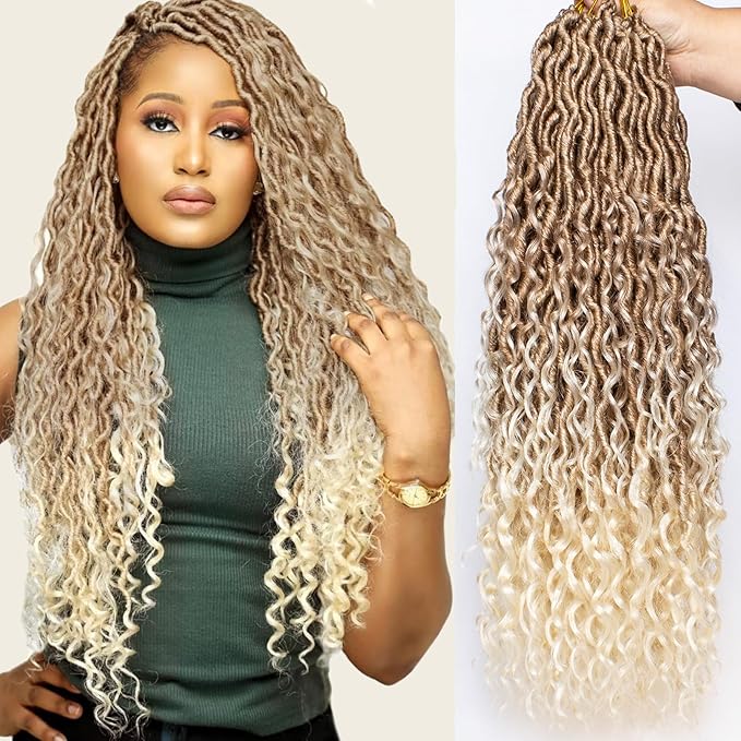 COOKOO 24 Inch Goddess Locs Crochet Hair 8 Packs Blonde Faux Locs Crochet Hair for Black Women Pre Looped River Locs Crochet Hair with Curls Bohemian Locs Synthetic Hair Extensions 27/613#
