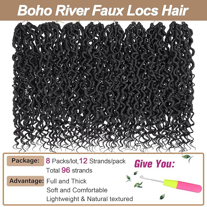 COOKOO 20 Inch 8 Packs Goddess Locs Crochet Hair Natural Black Boho Faux Locs Crochet Hair with Curls Pre Looped River Locs Hair for Black Women Bohemian Locs Synthetic Hair Extensions 1B#
