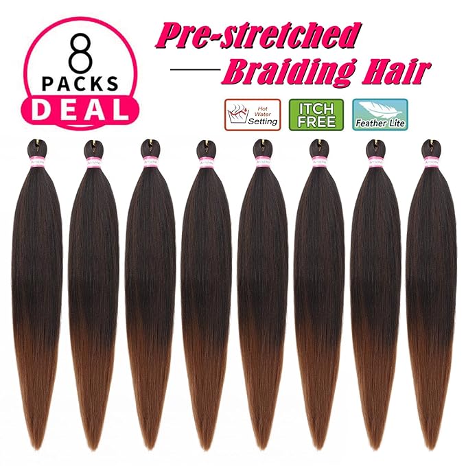 Dorsanee Braiding Hair Pre Stretched 30 Inch 8 Packs Ombre Brown Braiding Hair Extensions for Crochet Box Braids Twists Locs Hair Soft Yaki Texture Hot Water Setting (30inch,#1B/30)