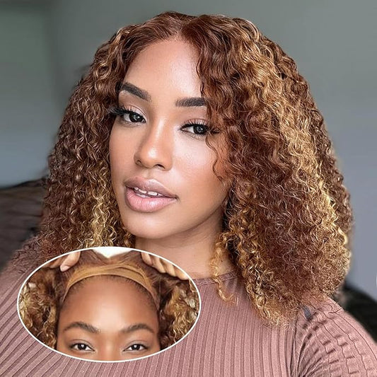 Curly Bob Wig Human Hair Deep Wave Glueless Wigs Human Hair Pre Plucked Pre Cut 5x5 Wear And Go HD Lace Closure Wigs Human Hair For Black Women 200% Density Highlight Color 12 Inch