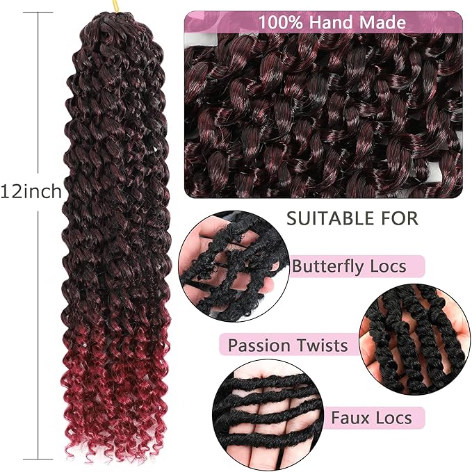 Alrence Passion Twist Hair 12 Inch 8 Packs Water Wave Crochet Hair Curly Braiding Hair For Butterfly Locs Long Bohe Crochet Braids (12 Inch (Pack of 8), 1B/BG)