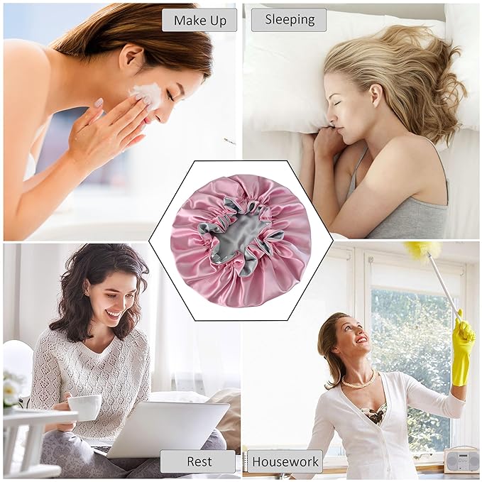 Silk Bonnet for Sleeping Satin Bonnets Double Layer Reversible Hair Cap Bonnet for Women Long Curly Braid Hair (Pink)