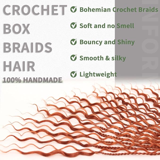 14 Inch Ginger Boho Crochet Braids 7Packs Goddess Box Braids Crochet Hair for Women Pre Looped Bohemian Hippie Braiding Hair Extensions,350 Red Brown