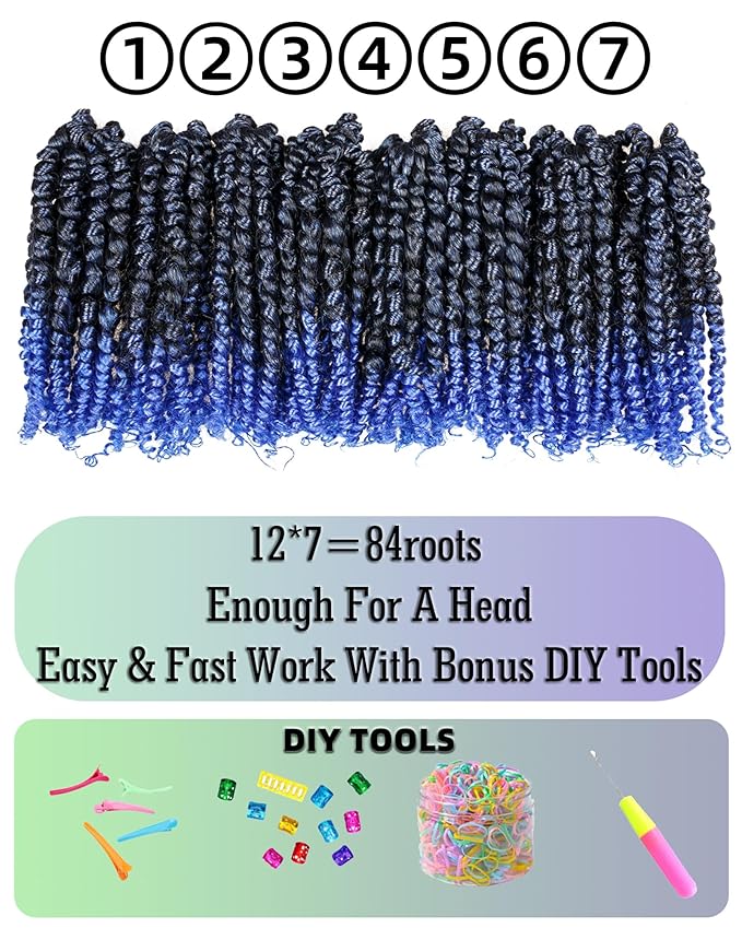 Super Short Passion Twist Crochet Hair for Black Women and Kids-6 Inch 7 Packs Ombre Blue Pre Looped Pre-twisted Passion Twist Hair,Bob Spring Kinky Twist Bohemian Curl(6"-7P,TBlue)