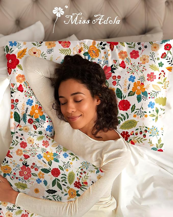 Silk Pillowcase 2 Pack - Pillow Cases 20" x 30" Queen Size Set of 2 for Hair and Skin Smooth Soft Breathable with Hidden Zipper Cooling Pillow Covers for Sleeping, Beige Floral