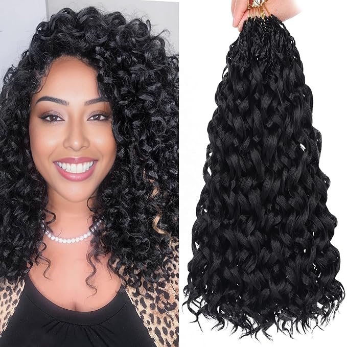 Leeven Gogo Curl Crochet Hair 14 Inch 8 Packs Black Ocean Wave Crochet Hair Pre Looped Deep Twist Goddess Box Braids Curly Water Wave Synthetic Braiding Hair for Women Girl Kids