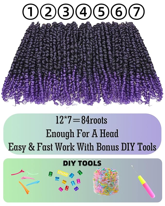Passion Twist Crochet Hair for Black Women and Kids-10 Inch 7 Packs Pre Looped Pretwisted Ombre Purple Crochet Hair,Soft Hair Extensions Braided by Spring Kinky Twist Bohemian Curl(T1B/Purple)