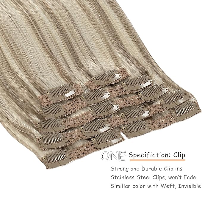 Caliee Hair Extensions Clip in Real Human Hair P18/613 Ash Blonde Highlighted Bleach Blonde Clip in Hair Extensions Double Weft Lace 7 PCS Straight 14 Inch Long Straight
