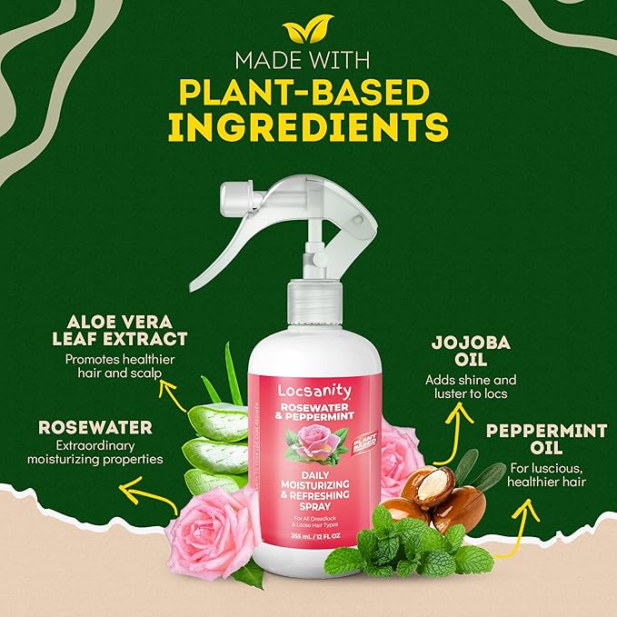 Locsanity Daily Moisturizing Refreshing Spray for Locs, Dreadlocks - Rose Water and Peppermint Hair Scalp Moisturizer, Dreadlock Spray - Natural Loc Care and Maintenance (12oz)
