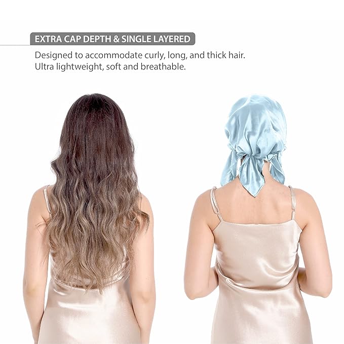 SissiLita 100% Silk Bonnet for Sleeping, Mulberry Silk Sleep Cap with Tie Band for Curly Hair Care (Blue)